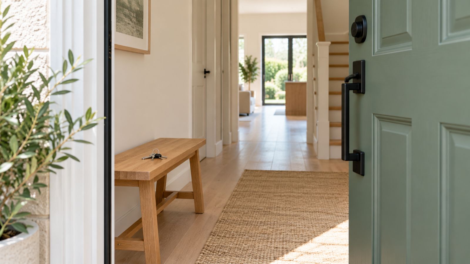 A green front door open onto a bright hallway, with keys on a wooden bench.